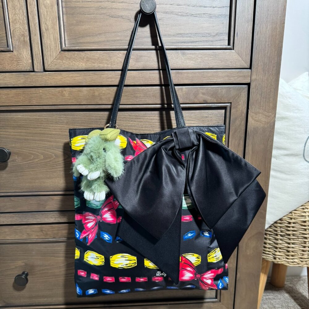 Brighton Take A Beau Black Multi-Color Bow Print Tote with Satin Bow